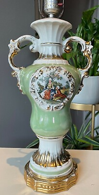 #ad VTG GREENamp;GOLD FRENCH RENAISSANCE COTTAGE PAINTED PORCELAIN URN STYLE TABLE LAMP $69.99