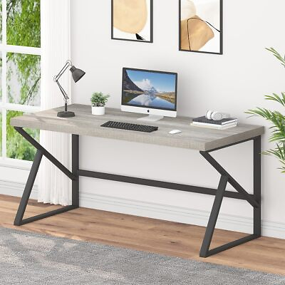 #ad Large Computer Desk Industrial Metal Wood Gray Home Office Desk Modern Long... $262.30