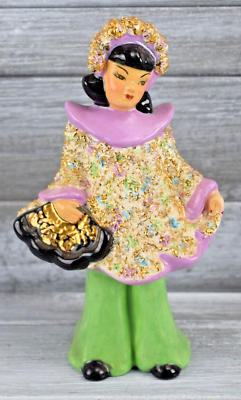 #ad Asian Oriental Girl VTG Art Figurine White Ceramic Ancient Style Glitter Dress $49.97