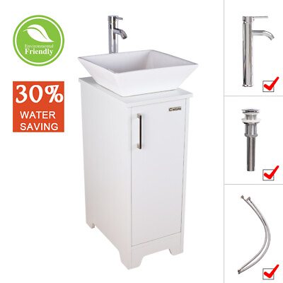 #ad 14quot; White Small Bathroom Vanity Cabinet Square Vessel Sink W Faucet Drain Set $219.99