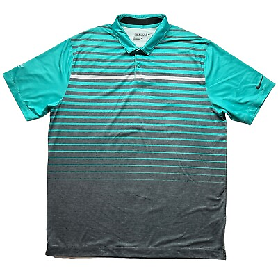 #ad Nike Shirt Mens Large Green Gray Stripe Woodlake Lodge Country Club Golf Polo L $26.82