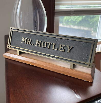 #ad Antique Art Deco Bronze Desk Name Plate Plaque Wood Base MR. MOTLEY surname Crüe $53.99