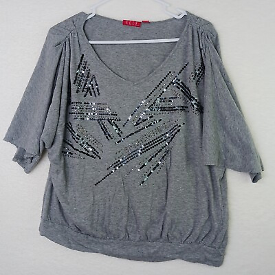 #ad Elle T shirt Womens Size L Gray Beaded Sequin V Neck Short Sleeve Knit $11.00