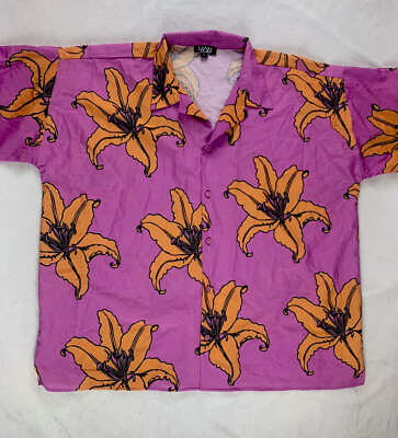 #ad Boohoo Man Shirt Mens Large Pink Orange Floral Short Sleeve Button Up $19.99