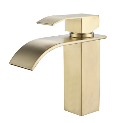 #ad Waterfall Spout Bathroom Vessel Single Handle Faucet Solid Brass Brushed Gold $34.99