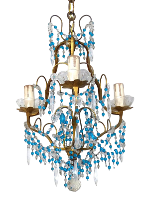 #ad Vintage Chandelier Blue Drops Flowers Prisms Beads 1940 Italian Gilded 3 Lights $599.00