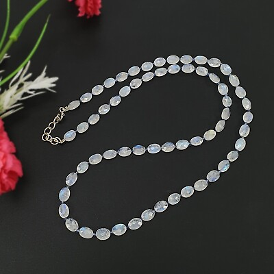 #ad Rainbow Moonstone amp; Blue Sapphire Beads 925 Sterling Silver Faceted Necklace $165.88