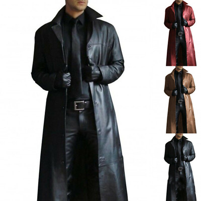 #ad Mens Motorcycle Long Trench Lapel Collar Slim Leather Jackets Coats Punk Outwear $33.68