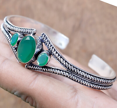 #ad Green Onyx Cut Gemstone Bracelet 925 Sterling Silver Bangle Woman#x27;s Cuff Jewelry $23.65