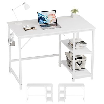 #ad Home Office Computer Desk with Wooden Storage ShelfSmall Office White Desk a... $117.13