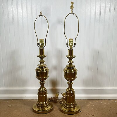#ad Vintage Stiffel Style Heavy Mid Century Modern Urn Brass Table Lamps PAIR RARE $101.99