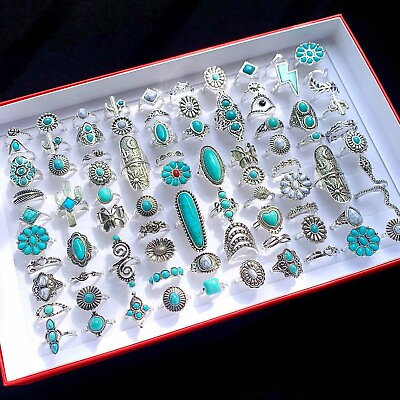 #ad Bulk Lot 50pcs Bohemia Turquoise Stone Vintage Rings Women Silver Plated Jewelry $22.79