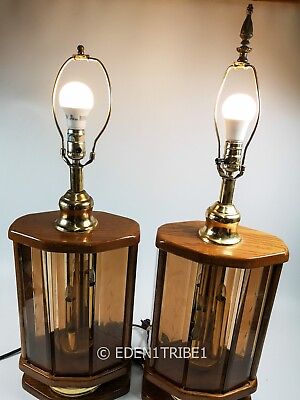 #ad Pair of Vintage Glass Brown MCM Table Lamp Etched Flowers Glass $992.22