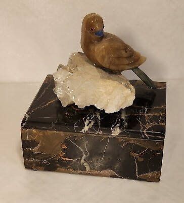 #ad Natural Stone Onyx Trinket Desk Box With Carved Stone Bird On Quartz Crystal $75.00