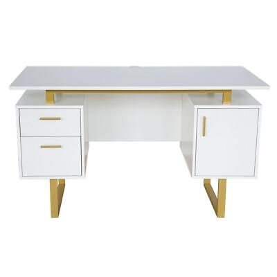 #ad 51.25#x27;#x27; White and Gold Office Desk with Drawers amp; Storage. $317.00