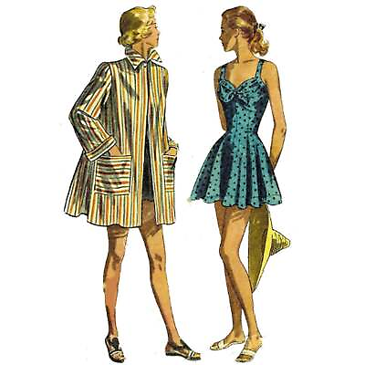 #ad 1940#x27;s Sewing Pattern: Bathing Suit Swim Suit Beach Coat Multi Sizes $25.27