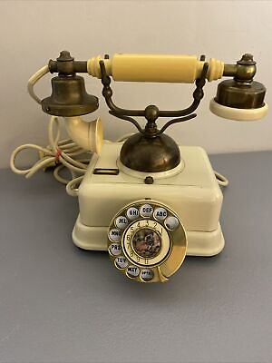 #ad Vintage Rotary Dial Telephone Made In Japan White W Brass Accents Japanese Retro $34.97