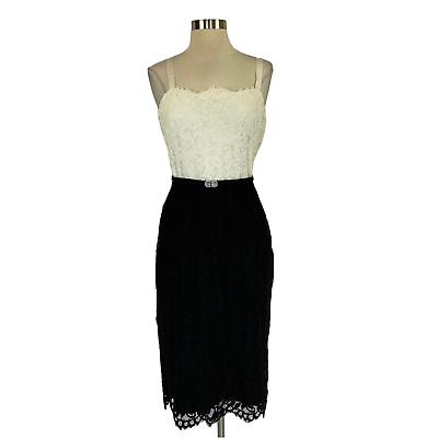 #ad Ralph Lauren Women#x27;s Cocktail Dress Size 12 Black and White Lace Midi Sheath $69.99