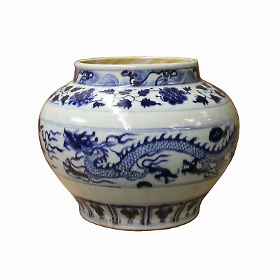 #ad Chinese Blue White Porcelain Dragon Graphic Fat Body Vase Jar ws1086 $637.00