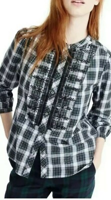 #ad J Crew Embellished Button Up Plaid Shirt Forest Tartan Large m Retail $88.00 $25.00