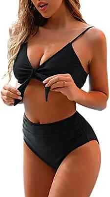 #ad Blooming Jelly High Waisted Bikini Set Tie Knot Two Piece Bathing Suits M Black $7.99