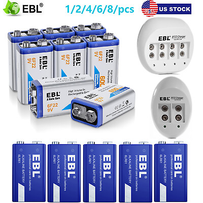 #ad EBL 9V Lithium Ion Rechargeable Batteries Lot Charger 9Volt Alkaline Battery $21.59
