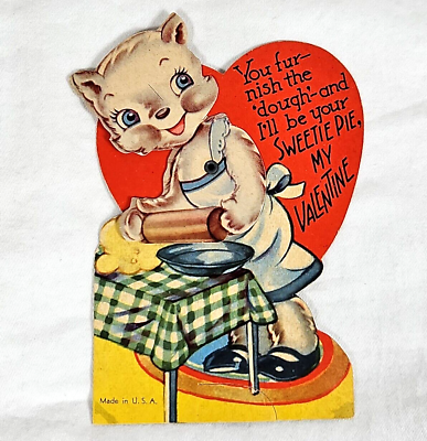 #ad Vintage Valentines Greeting Card 1940s Mechanical Scrapbook Cat Baking Sweetie $24.99