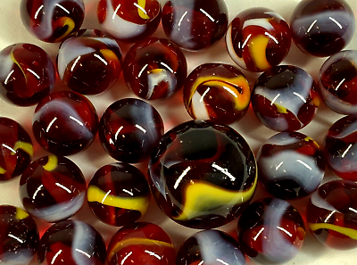#ad 25 Glass Marbles FIRE Translucent Clear Red White Yellow Swirl Pack Shooter $9.95