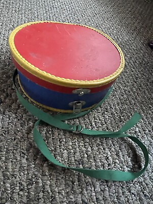 #ad Vintage Carrying Toy Case Round Red Blue amp; Yellow With Green Strap 10.5” $29.50