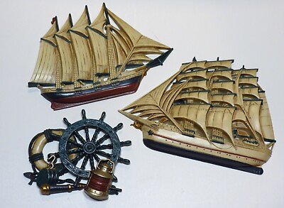 #ad Burwood USA Vintage Nautical Clipper Ships Wheel 3D Relief Wall Home Decor Set $39.00