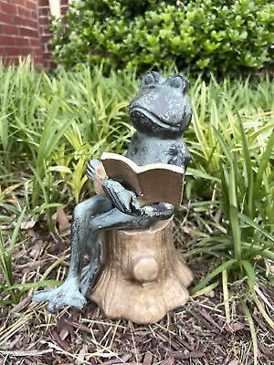 #ad Frog Garden Sculpture Joy Of Reading Vintage VG $149.99