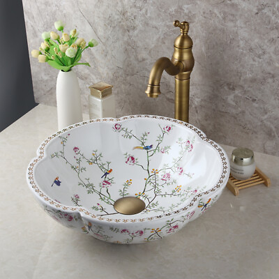 #ad Bathroom Flower Sink Ceramic Basin Mixer Antique Brass Faucet Pop Up Drain Combo $265.00