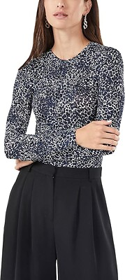 #ad BCBGMAXAZRIA NAVY WHITE Women#x27;s Animal Print Long Sleeve Fitted Top US Small $30.77