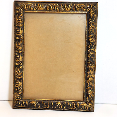 #ad Ornate Rustic Wood Gold Tone Carved Filigree 1970s VTG 5quot; x 7quot; Picture Frame $30.00