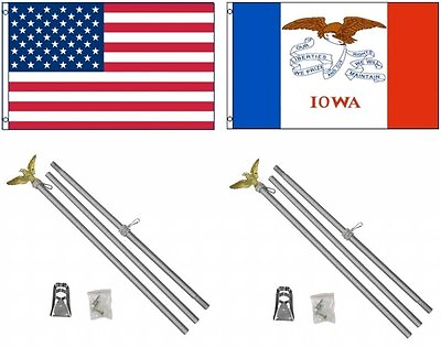 #ad 3x5 USA American amp; State of Iowa Flag amp; 2 Aluminum Pole Kit Sets 3#x27;x5#x27; $36.94