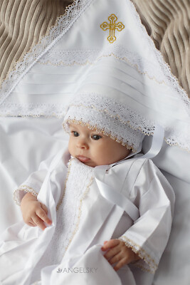 #ad Satin Lace Christening Gown Baptism Outfit Boy Girl Baptism Handmade Set $149.99
