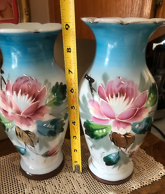 #ad Pair of Beautiful Vintage Cased Blue Opaline Milk Glass Hand Painted Vases 9quot; $95.00