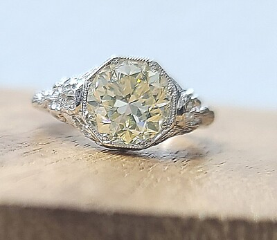 #ad Platinum Vintage Engagement Ring 2.43ct. Natural Light Yellow Round Cut Diamond $10250.00