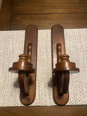 #ad 2 Vintage Wood Wall Sconces Hanging Candle Holders 14.5” Taper Candle Holders $16.00