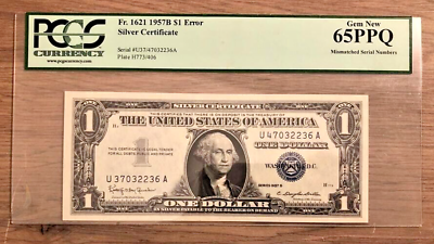 #ad 1957 1$ Silver Certificate Mismatched Serial Number Error PCGS Graded UNC 65PPQ $729.99