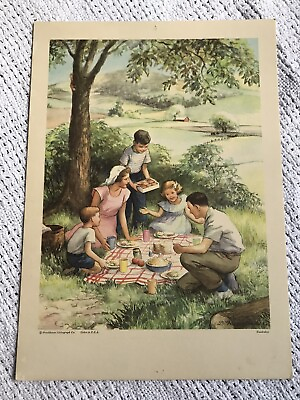 #ad 1959 Mid Century Baptist Training Union Teaching Picture Happy Family Picnic $19.17