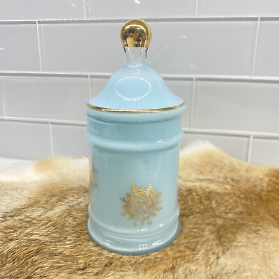 #ad Vintage Mid Century Modern Blue Glass Jar Apothecary w Gold Gilt $22.00