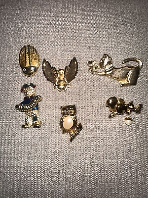 #ad Vintage Animal Insect Brooches Pins Beetle Bee Cat Squirrel Owl Bear Gold Tone $26.00