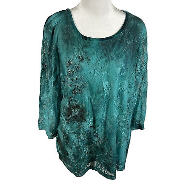 #ad Christopher amp; Banks Womens Teal Blue Lace Layered 3 4 Sleeve Blouse Top Size XL $17.49