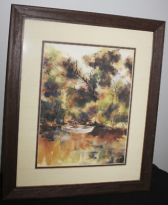 #ad WOOD FRAMED SIGNED VERNON BIEBERLY WATERCOLOR BOAT WATER PAINTING 18X21.5quot; $125.00