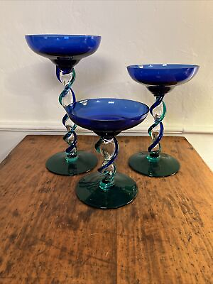 #ad 3 Vintage Art Glass “ART” Czech Republic Candle Holders Green Blue Clear $89.00