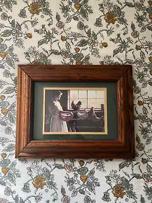 #ad Vintage Country Girl And Chickens Framed Painting 8x10 Wall Art $28.50