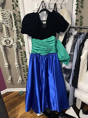 #ad Vintage Blue Green and Black Bow Prom Dress with Tulle Underskirt $149.00