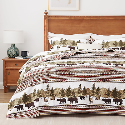 #ad Christmas Cabin Quilt Sets Twin Bear Rustic Quilt Coverlet Bed Set All Season $73.52