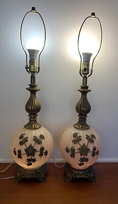 #ad PAIR OF VTG 3 WAY GLASS AND ANTIQUE GOLD FINISH LAMPS HOLLYWOOD REGENCY 30” RARE $399.00